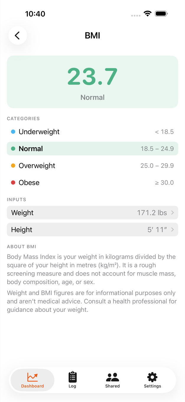 BMI screen showing 23.7 Normal with category ranges