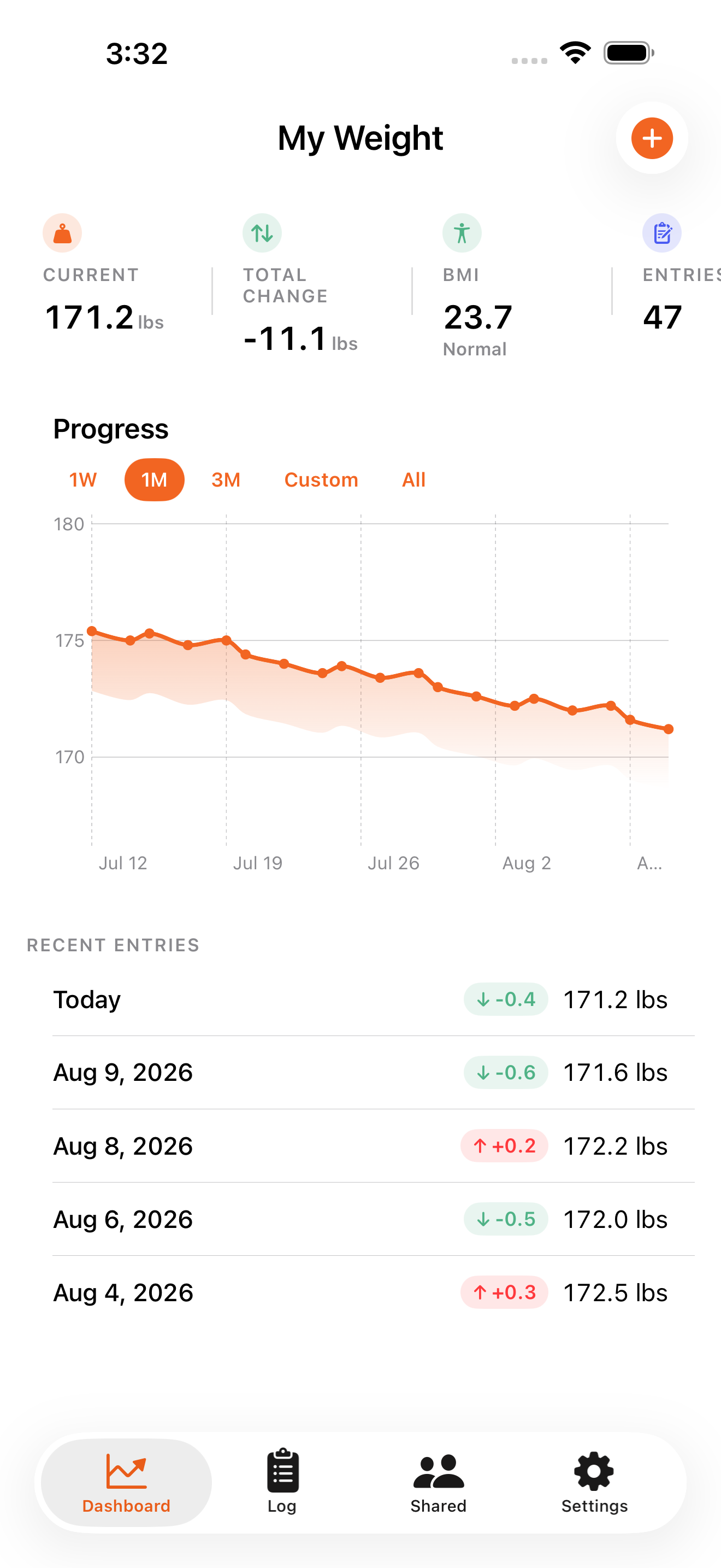 Dashboard showing weight trend, BMI and recent entries