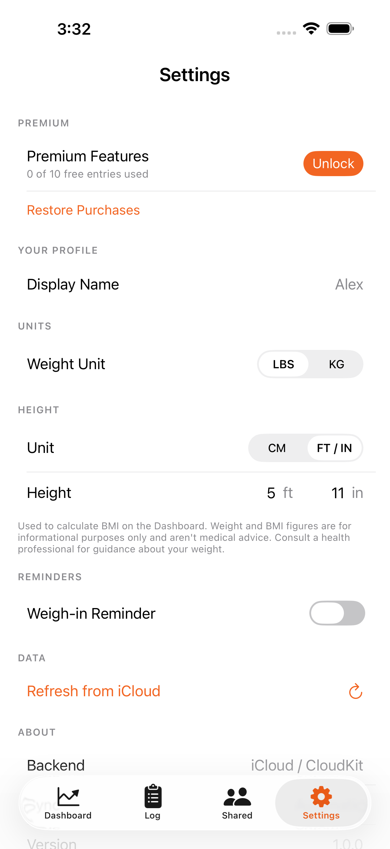 Settings screen with units, height, reminders and iCloud